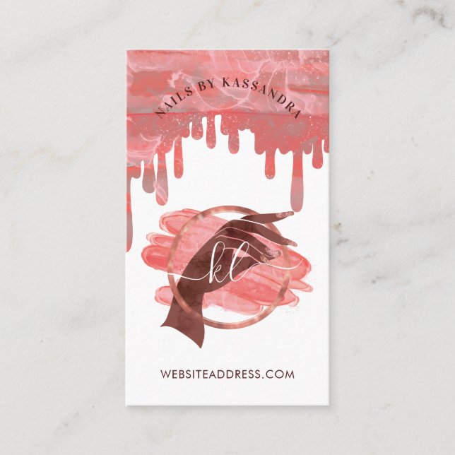 Tarjeta De Visita Glam Rosa Nail Art Manicour Salon Script Monograma (Anverso)