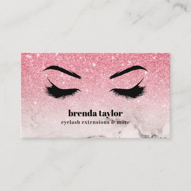 Tarjeta De Visita Glam rosa purpurina oscuro Marble Eyelash Browbar (Anverso)