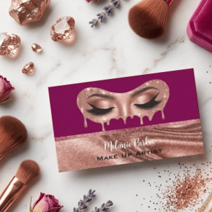 Tarjeta De Visita Glam Rose Gold Glitter Drip Eyes Artista de Maquil