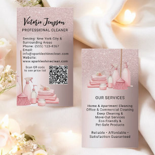 Tarjeta De Visita Glam Servicio de Limpieza Rosa Código Qr de la cas