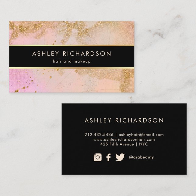 Tarjeta De Visita Glam Stylish Rubor Pink, Black and Faux Gold (Anverso / Reverso)