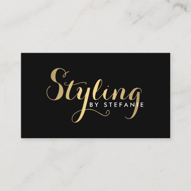 Tarjeta De Visita Glam Stylist Script Textos Gold/Black Business Car (Anverso)