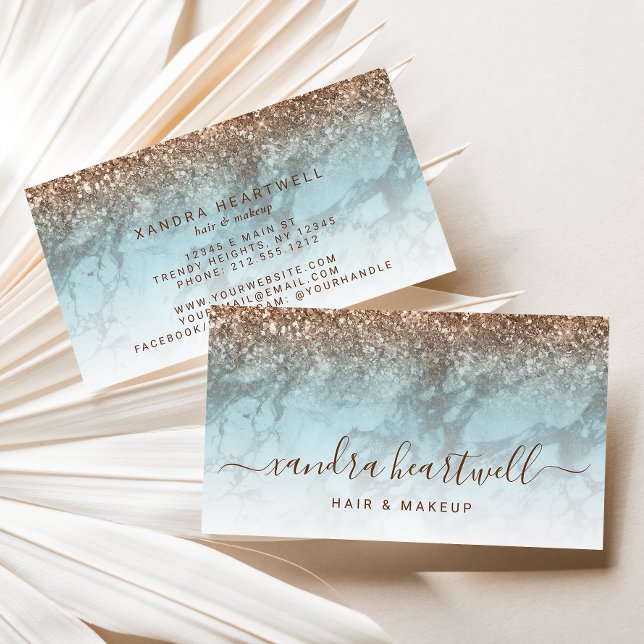 Tarjeta De Visita Glam Turquesa Mármol Bronce Glitter Script (Subido por el creador)