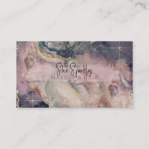 Tarjeta De Visita Glam Violeta Rosa Acuarela Cósmica Belleza Brillan