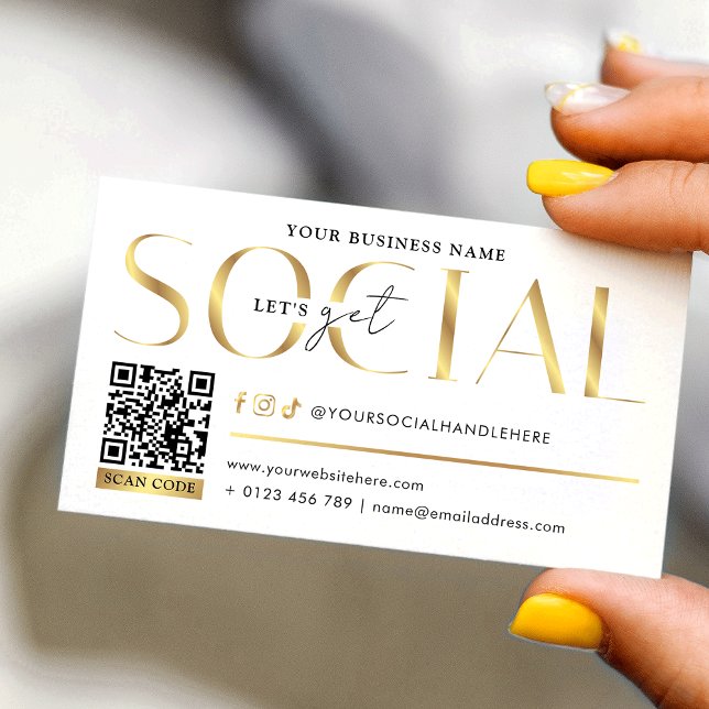Tarjeta De Visita Glam White & Gold Let's Get Social Media QR Code (Gold effect scannable QR code Let's Get Social business cards - great to promote your social media)