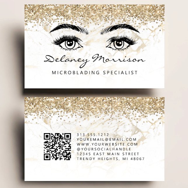 Tarjeta De Visita Glam White Gold Marble Eyes QR Code Microblading (Subido por el creador)