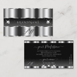 Tarjeta De Visita Glamorosa Plata Black Sparkling Diamonds Iniciales