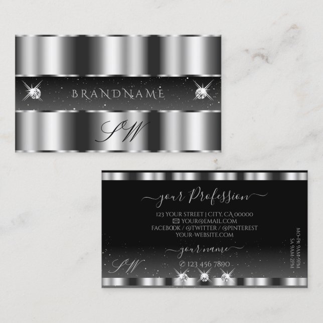 Tarjeta De Visita Glamorosa Plata Black Sparkling Diamonds Iniciales (Anverso / Reverso)