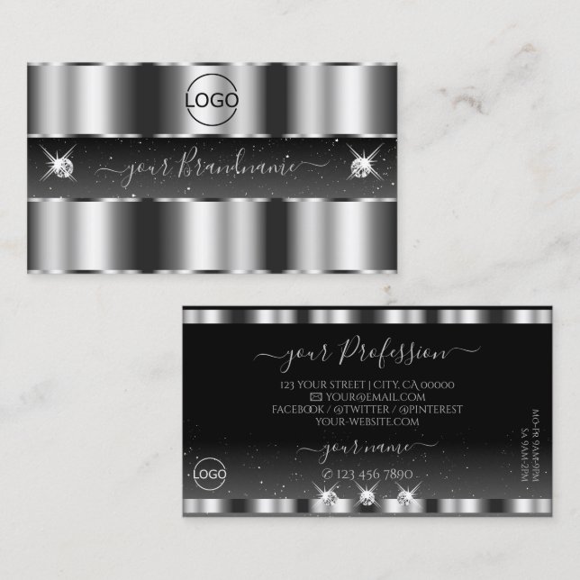 Tarjeta De Visita Glamorosa plata negro esparcen diamantes Añadir lo (Anverso / Reverso)