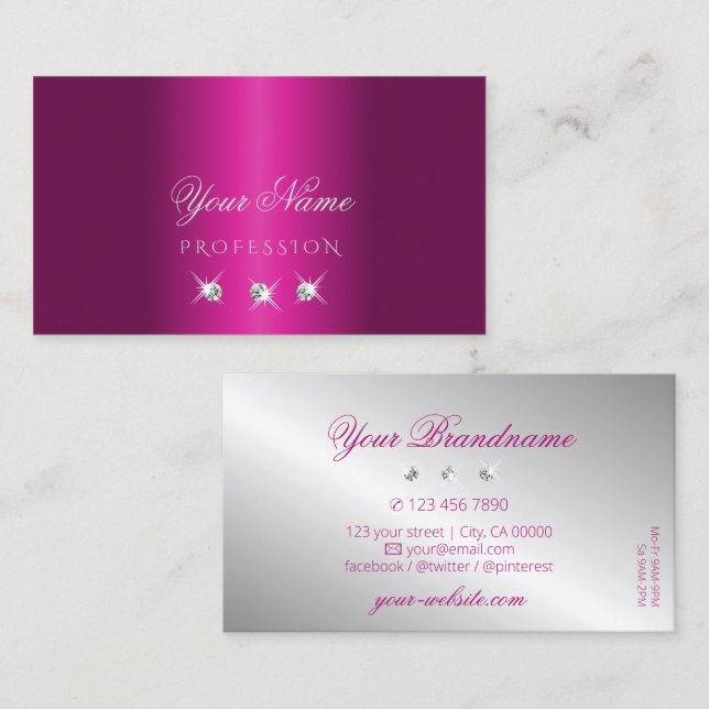 Tarjeta De Visita Glamorosa Plata Rosa Diamantes espumosos Elegante (Anverso / Reverso)