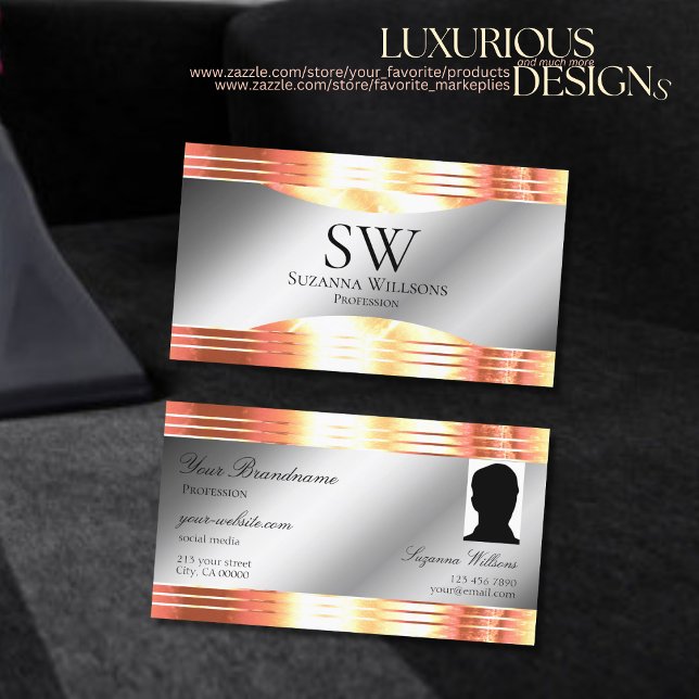 Tarjeta De Visita Glamorosa plata Rosa Shimmery oro Monograma foto (Subido por el creador)