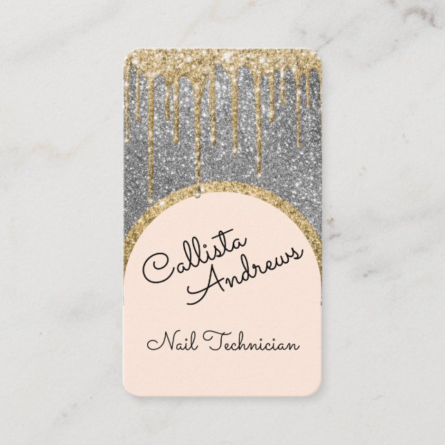 Tarjeta De Visita Glamoroso Bling Silver Purpurina Drip Nail Tech (Anverso)