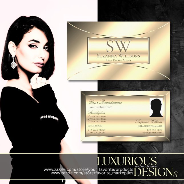 Tarjeta De Visita Glamoroso dorado de lujo con monograma y foto (Subido por el creador)
