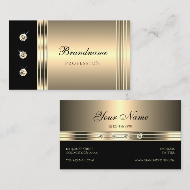 Tarjeta De Visita Glamoroso negro dorado con Diamantes de imitación  (Anverso / Reverso)
