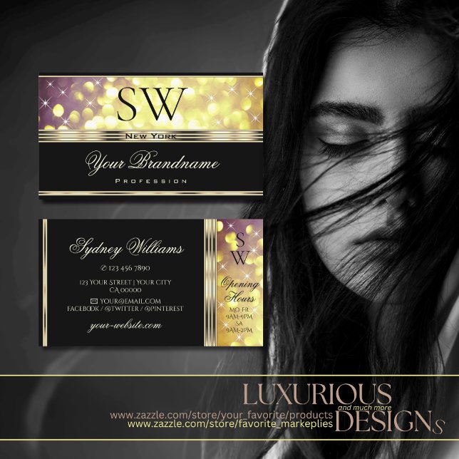 Tarjeta De Visita Glamoroso oro morado Purpurinas Estrellas Monogram (Subido por el creador)