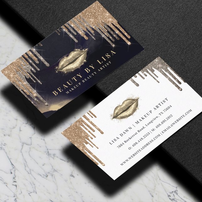 Tarjeta De Visita Glamoroso Purpurina de oro gotea marina y lupas de (Glamorous Gold Glitter Drip Navy & Gold Glam Lips Business Card)