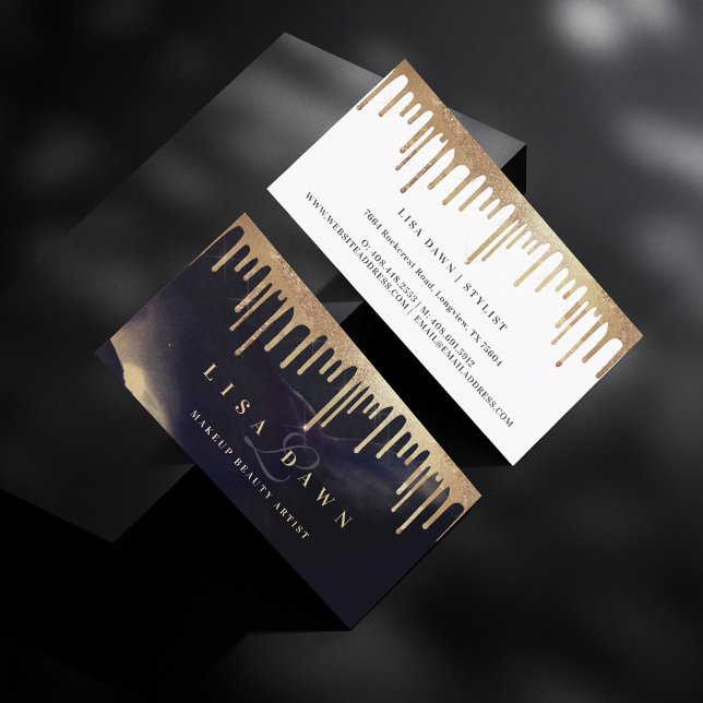 Tarjeta De Visita Glamoroso Purpurina de oro goteo Tinta oscura Mono (Glamorous Gold Glitter Drip Dark Ink Monogram Glam Business Card)