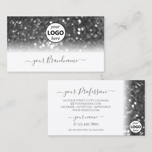 Tarjeta De Visita Glamoroso Purpurina esparkling de plata blanca con (Anverso / Reverso)