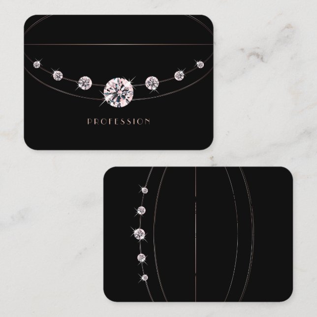 Tarjeta De Visita Glamoroso Rosa Oro Joyas Negras Diamantes de imita (Anverso / Reverso)