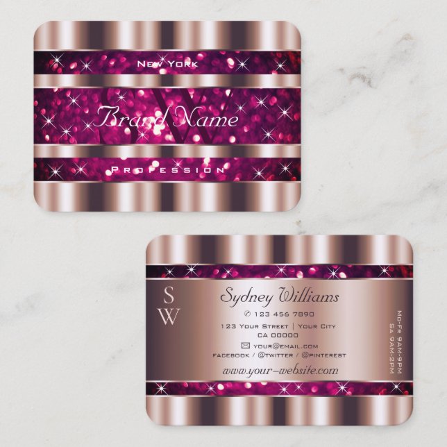 Tarjeta De Visita Glamoroso Rosa Oro Purpurina Rosa Estrellas Monogr (Anverso / Reverso)