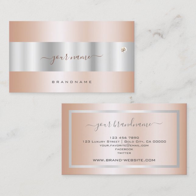 Tarjeta De Visita Glamoroso Rosa oro y plata con diamante falso (Anverso / Reverso)