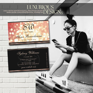 Tarjeta De Visita Glamoroso Rosa Purpurina de oro negro Monograma el