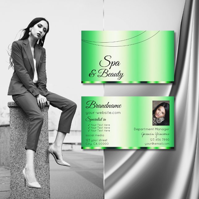 Tarjeta De Visita Glamoroso verde luminoso con diseño fotográfico mo (Subido por el creador)
