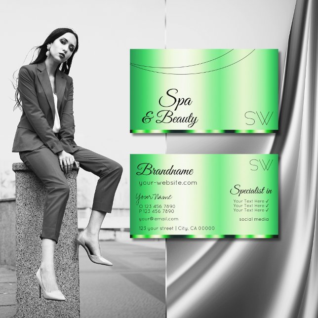 Tarjeta De Visita Glamoroso verde luminoso con estilo monograma (Subido por el creador)