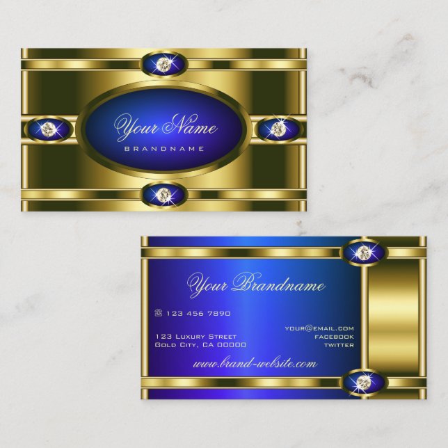 Tarjeta De Visita Glamorosos efectos dorados azules con Diamantes de (Anverso / Reverso)