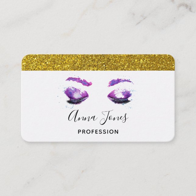 Tarjeta De Visita Glamorosos Ojos Púrpuros y Flores Acuarela (Anverso)