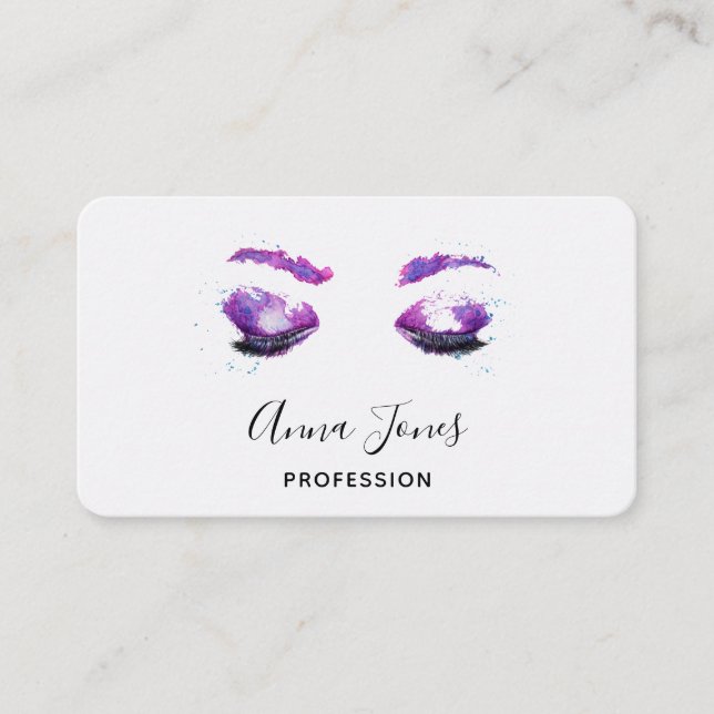 Tarjeta De Visita Glamorosos Ojos Púrpuros y Flores Acuarela (Anverso)