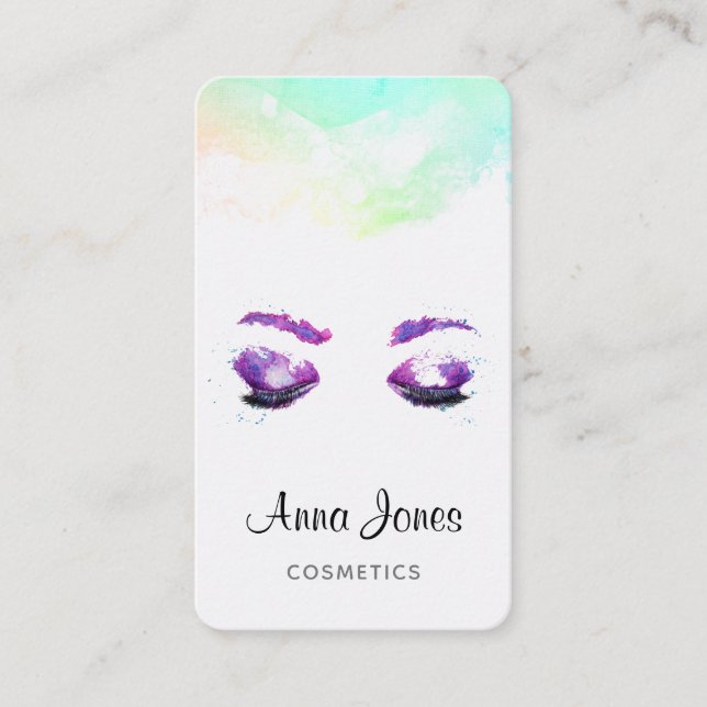 Tarjeta De Visita Glamorosos Ojos Púrpuros y Flores Acuarela (Anverso)