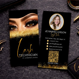 Tarjeta De Visita Glamorous Gold & Black Lash Tech QR Code