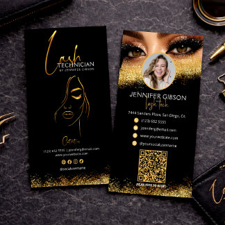 Tarjeta De Visita Glamorous Gold & Black Lash Tech QR Code