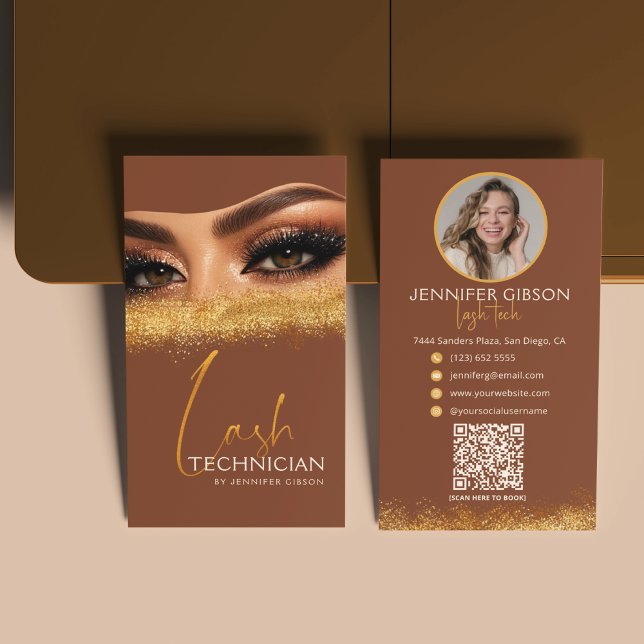 Tarjeta De Visita Glamorous Gold & Brown Lash Tech QR Code  (Subido por el creador)