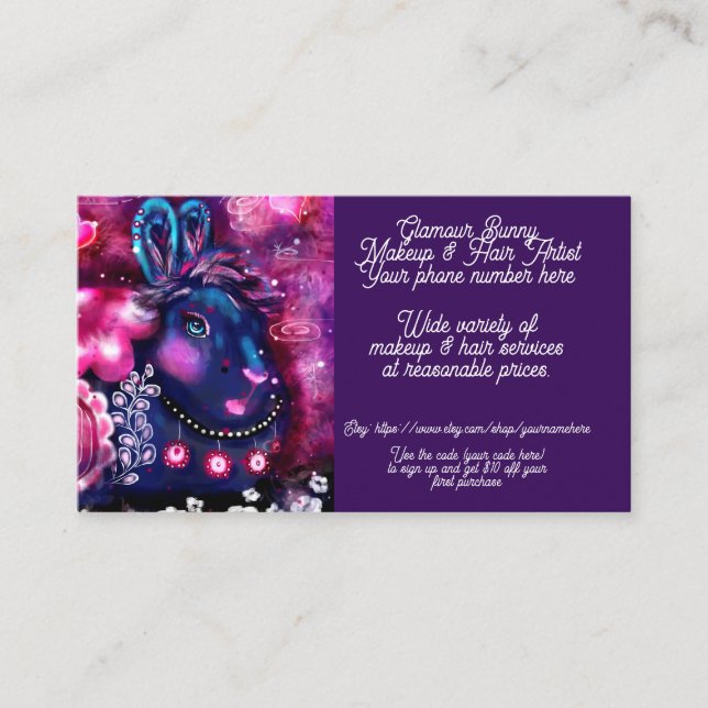 Tarjeta De Visita Glamour Bunny Makeup Artista de pelo Tienda de ven (Anverso)