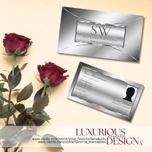 Tarjeta De Visita Glamour plateado de lujo con monograma y foto