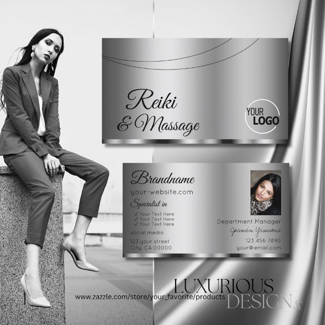 Tarjeta De Visita Glamour plateado moderno con logotipo y foto (Subido por el creador)