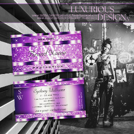 Tarjeta De Visita Glamour Purple Sparkling Glitter Stars Monogram