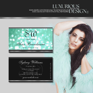 Tarjeta De Visita Glamour Purpurina Verde azulado Monograma Negro Bo