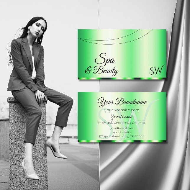 Tarjeta De Visita Glamour verde luminoso con el estilo de las inicia (Subido por el creador)