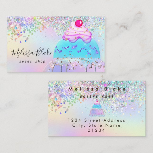 Tarjeta De Visita glitter cake logo faux pastel glitter  (Anverso / Reverso)