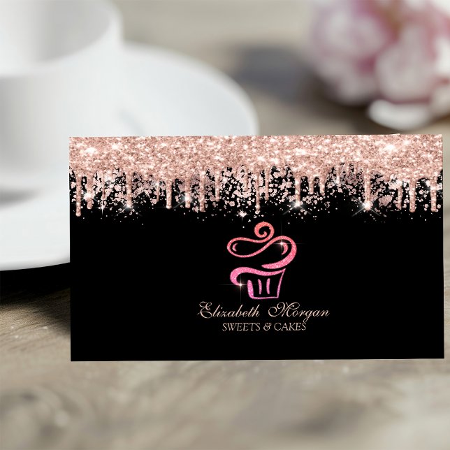 Tarjeta De Visita Glitter Cupcake Rose Gold Drips Bakery Black  (Subido por el creador)