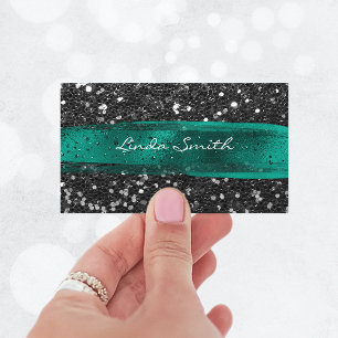 Tarjeta De Visita Glitter de confeti negro con pinceladas de verde a