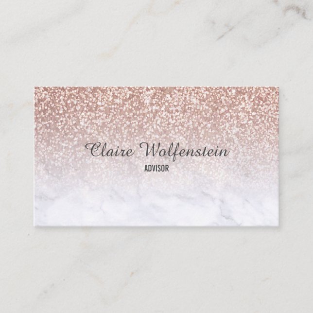 Tarjeta De Visita Glitter de Oro Rosa Mármol Script (Anverso)