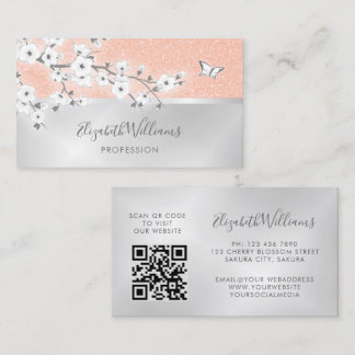 Tarjeta De Visita Glitter Flor de Cerezo Plateado