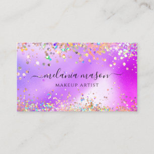 Tarjeta De Visita Glitter Holográfico Moderno Maquillador Púrpura