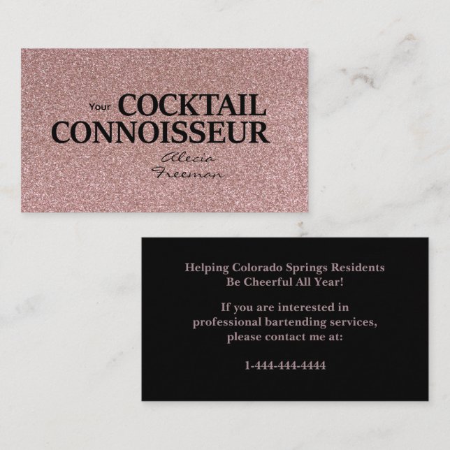 Tarjeta De Visita Glitter Rose Gold Bartender Event Business Card (Anverso / Reverso)