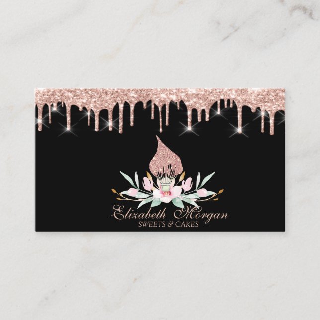 Tarjeta De Visita Glitter Whisk Flowers Rose Gold Drips Bakery Black (Anverso)