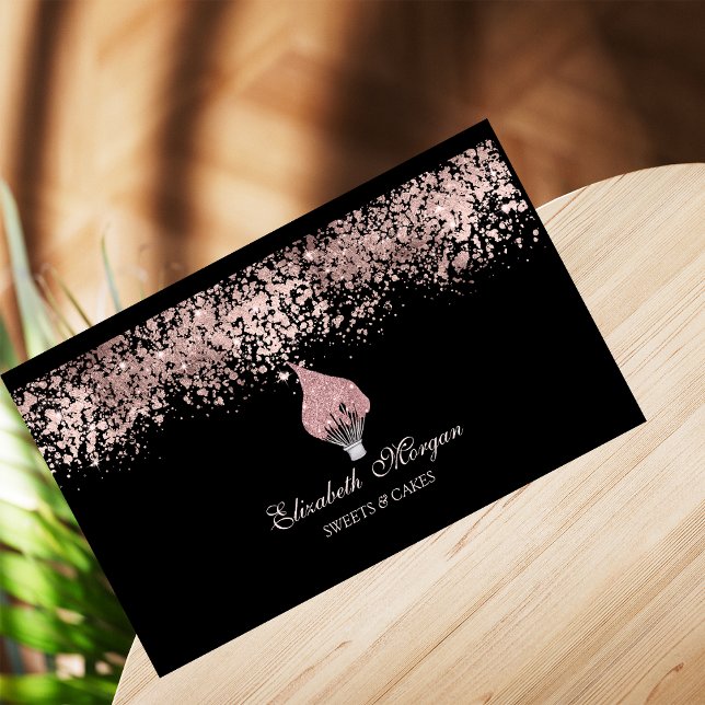 Tarjeta De Visita Glitter Whisk Rose Gold Drips Bakery Black (Subido por el creador)